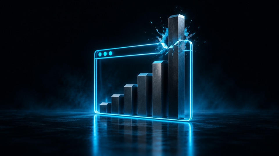 Cyan wireframe browser window with a graphite bar chart growing up through and breaking past its top frame