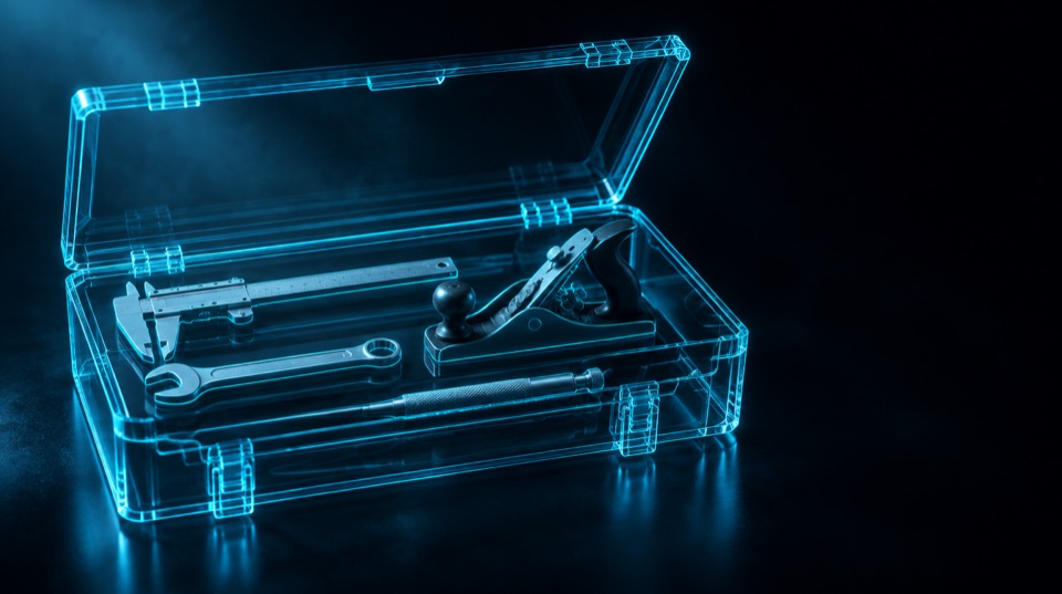 A clear glass toolbox edged in cyan light, every precision hand tool inside plainly visible