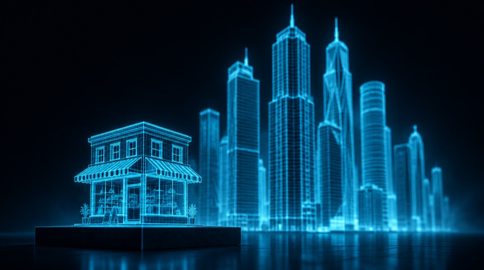 A small corner shop drawn as a glowing cyan wireframe, lit as brightly as the skyscrapers beside it