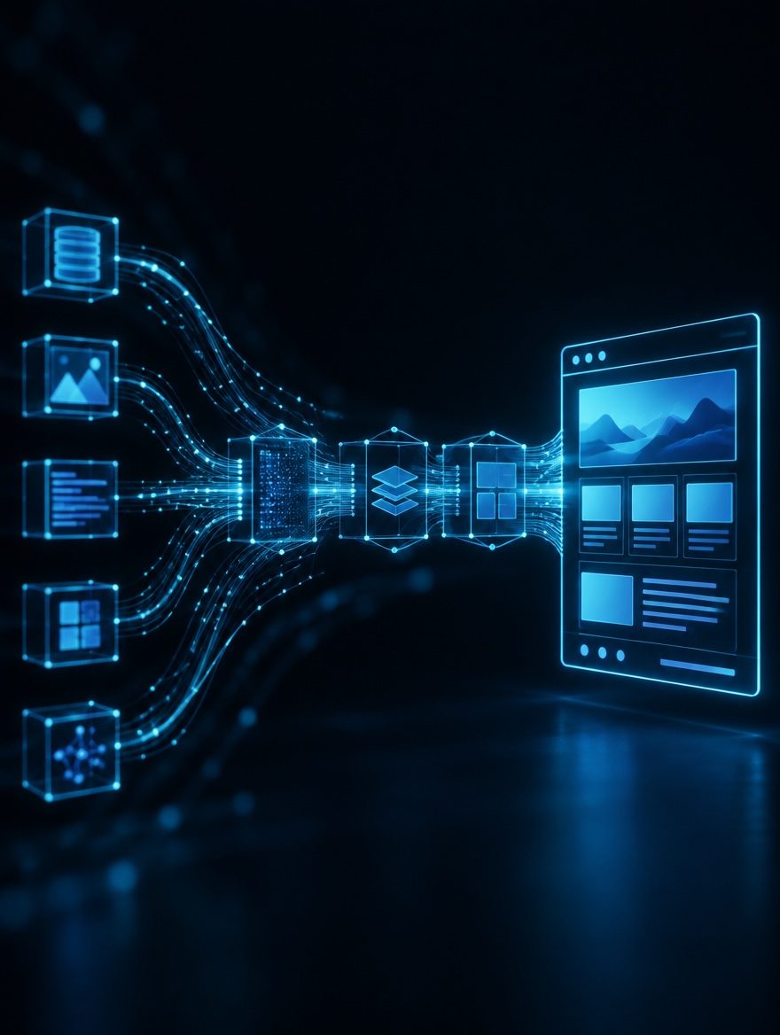 Glowing blue diagram of content, image and data sources flowing through an AI pipeline into a finished website layout