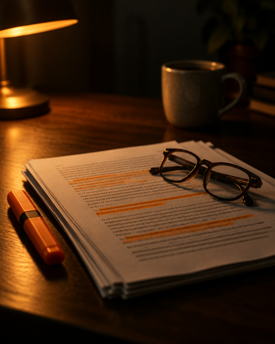 A stack of printed articles on a dark desk at night, lines highlighted in orange, reading glasses folded on top
