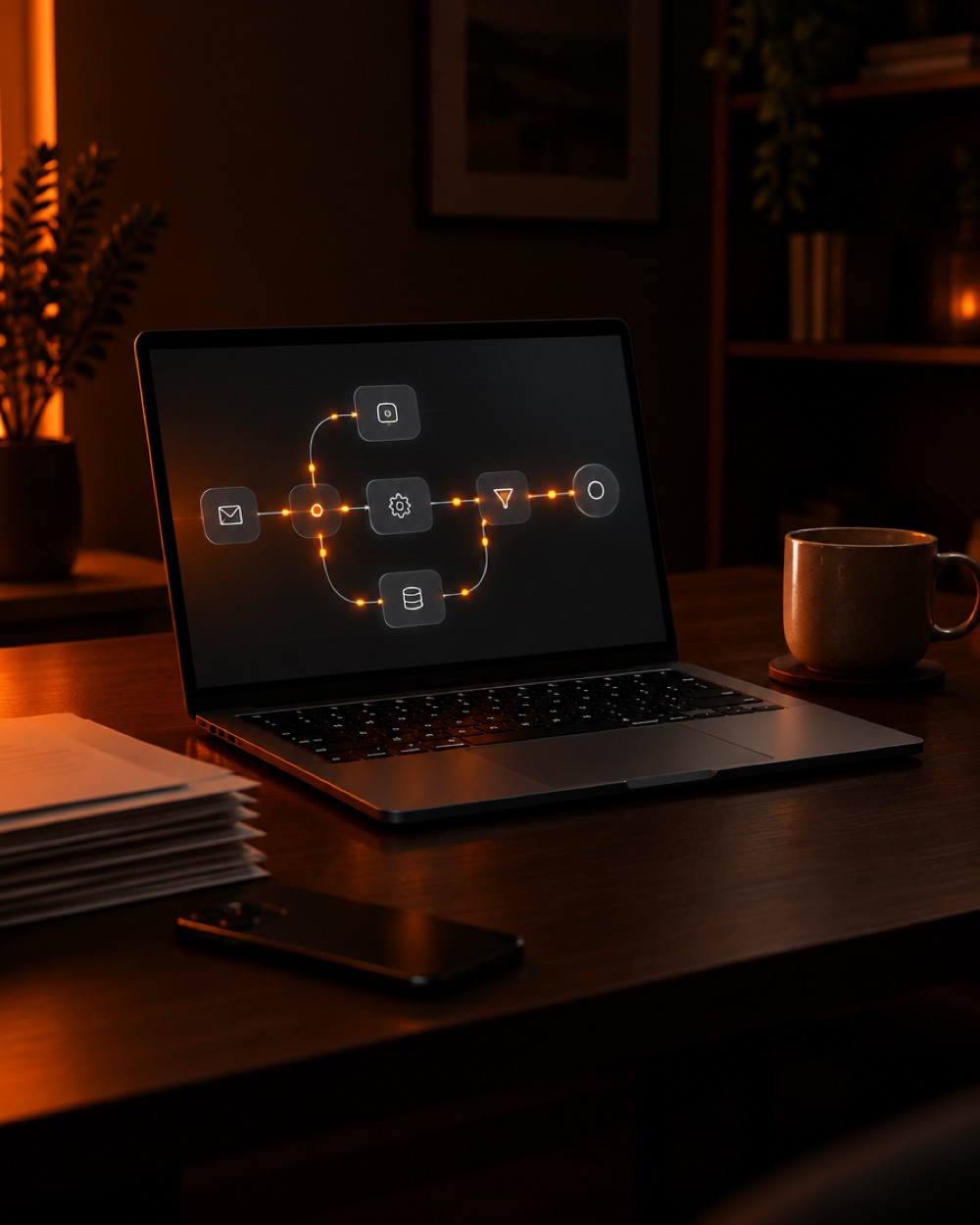 A laptop on a dark desk after hours, its screen showing an automation flowchart with orange dots moving between the steps, beside a stack of invoices and a coffee mug