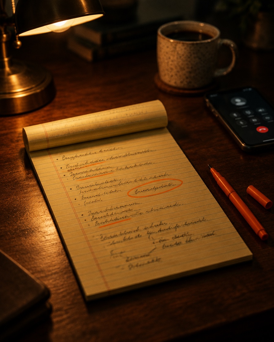 A yellow legal pad of handwritten call notes on a dark desk at night, one phrase circled in orange, a phone on an active call beside it