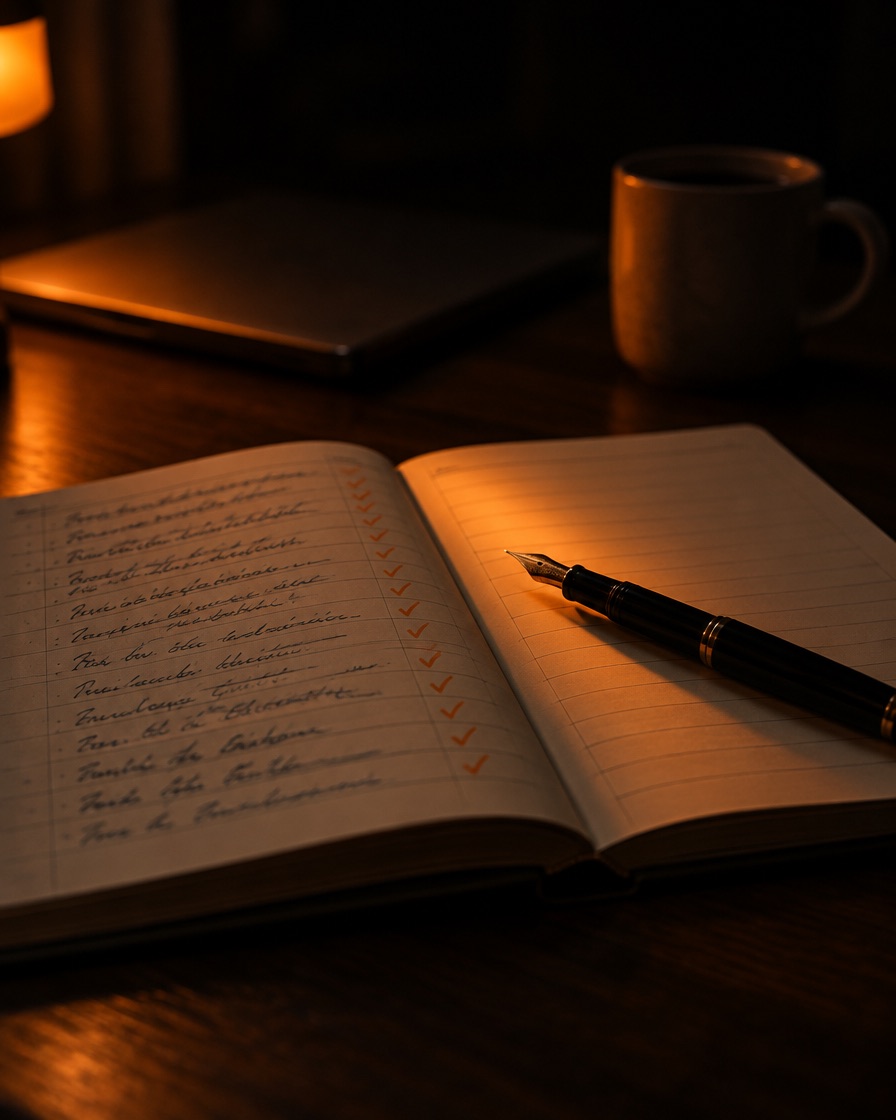 An open ledger on a dark desk at night, every finished entry ticked in orange and the next empty line lit, a fountain pen resting across it
