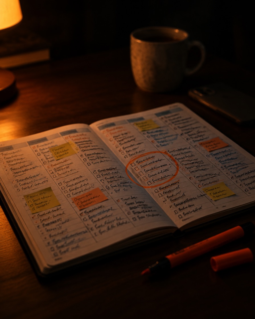 An overfull weekly planner on a dark desk at night, one crowded day circled in orange marker