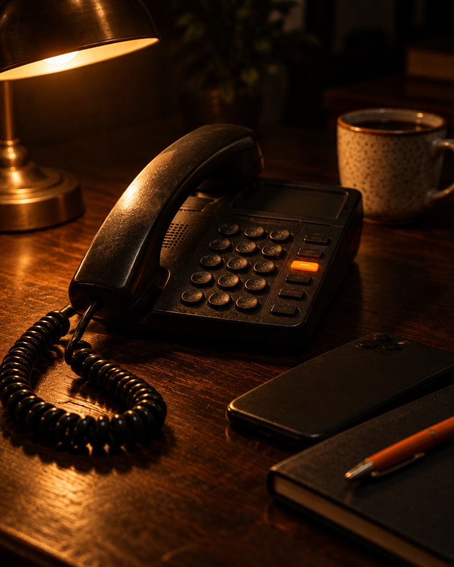 A well-used black desk phone on a dark desk at night under a warm lamp, one orange line button lit