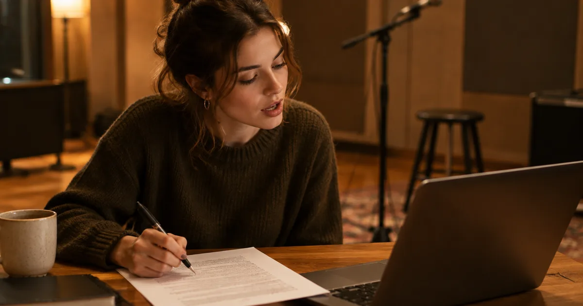 A musician marking up a printed draft of her band bio at a table, a laptop open beside her
