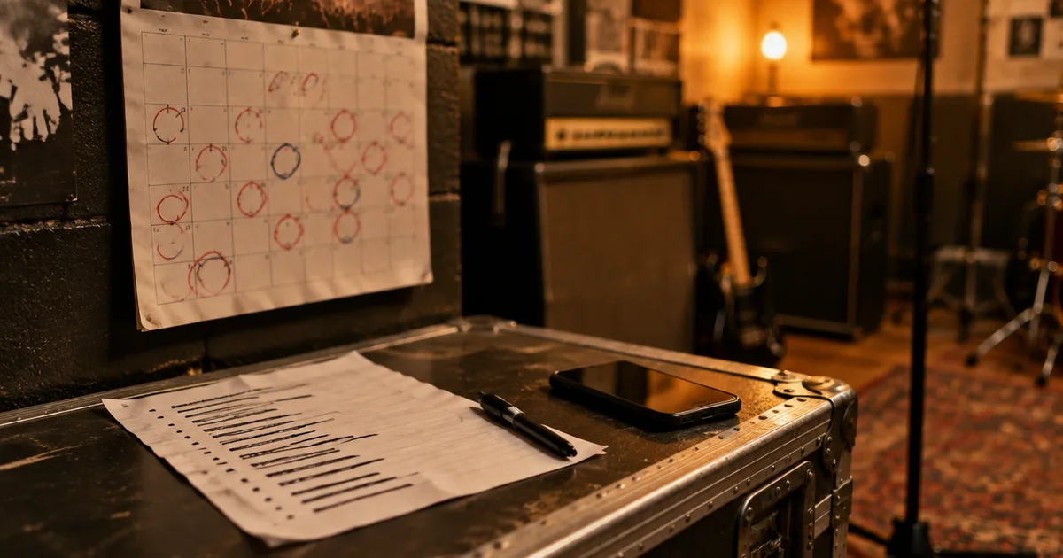 A wall calendar with gig dates circled above a set list and a phone on a road case in a rehearsal room