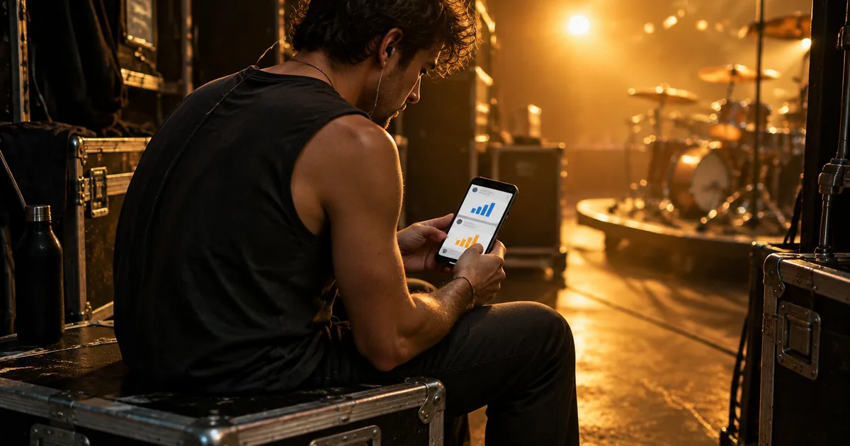 A musician sitting on a road case backstage checking post insights on his phone