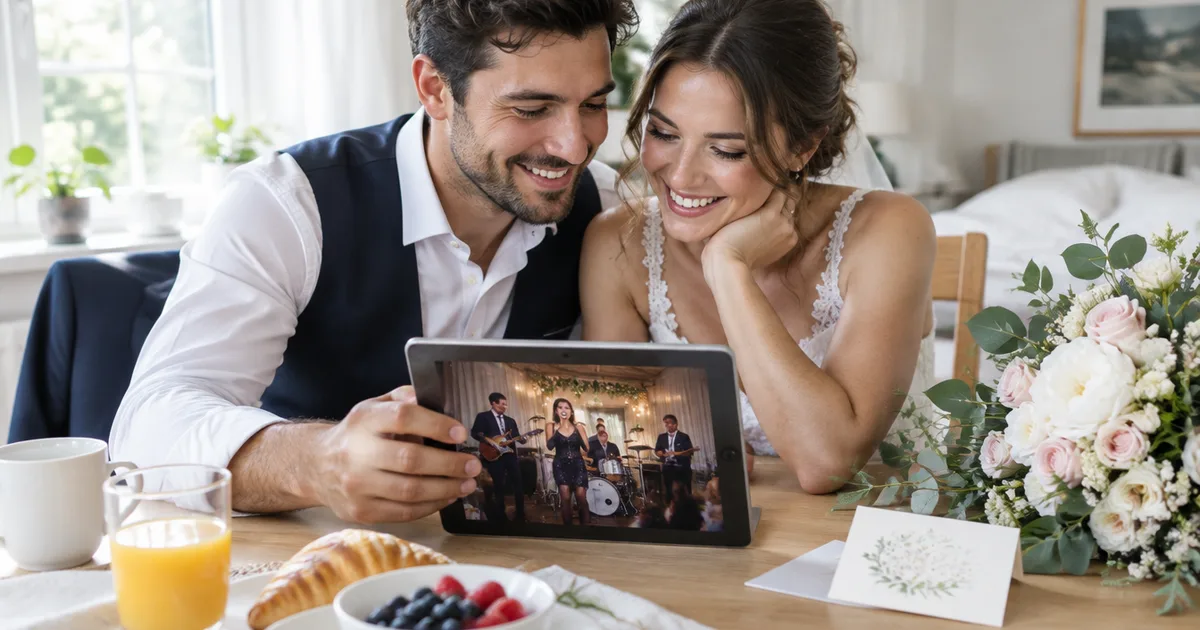A newly married couple at breakfast watching video of their wedding band on a tablet