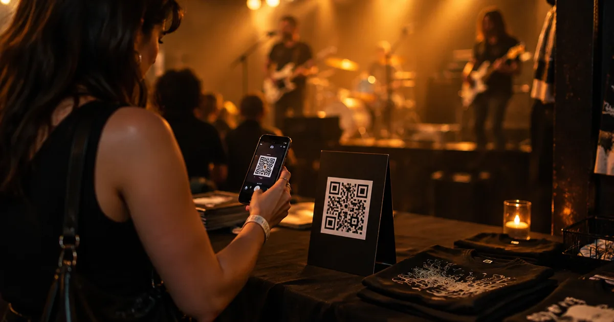 Someone at the merch table scanning a QR code sign with their phone while the band plays