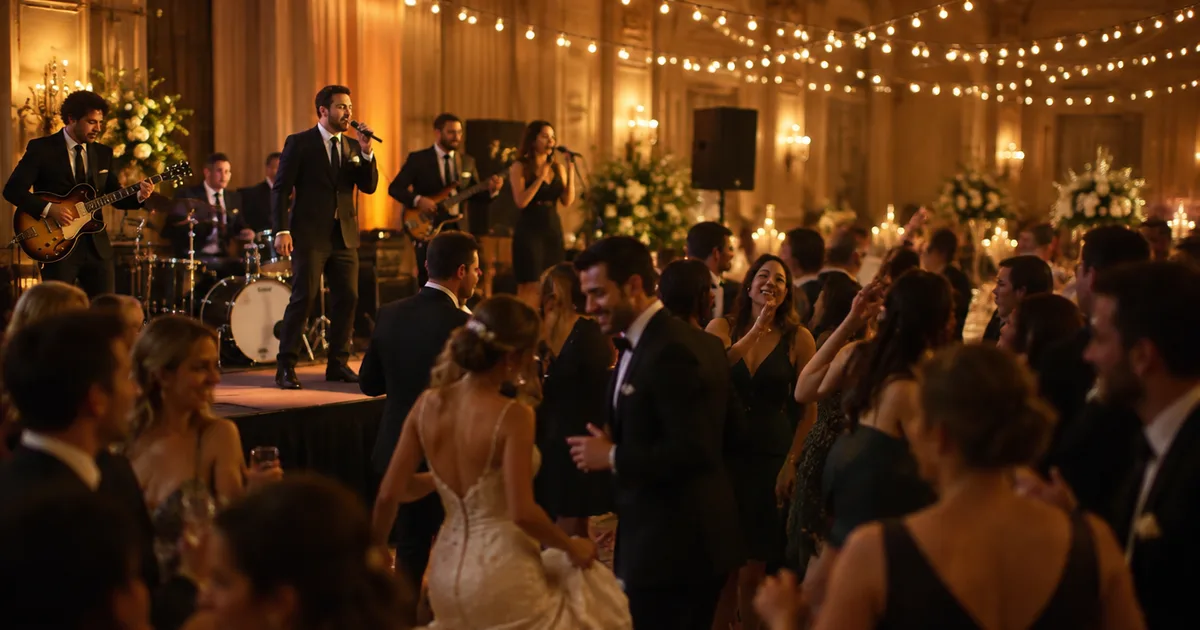 A band in suits playing a wedding reception in a ballroom while guests fill the dance floor