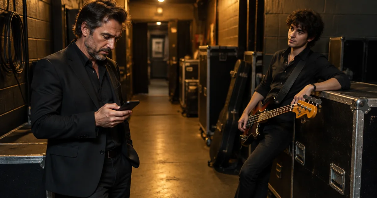 A bandleader checking his phone in a backstage hallway while a bass player waits on a road case