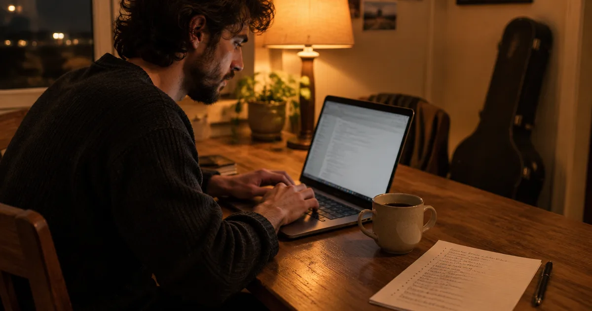 A musician writing a pitch email at a laptop at a kitchen table at night, notes and a coffee beside him