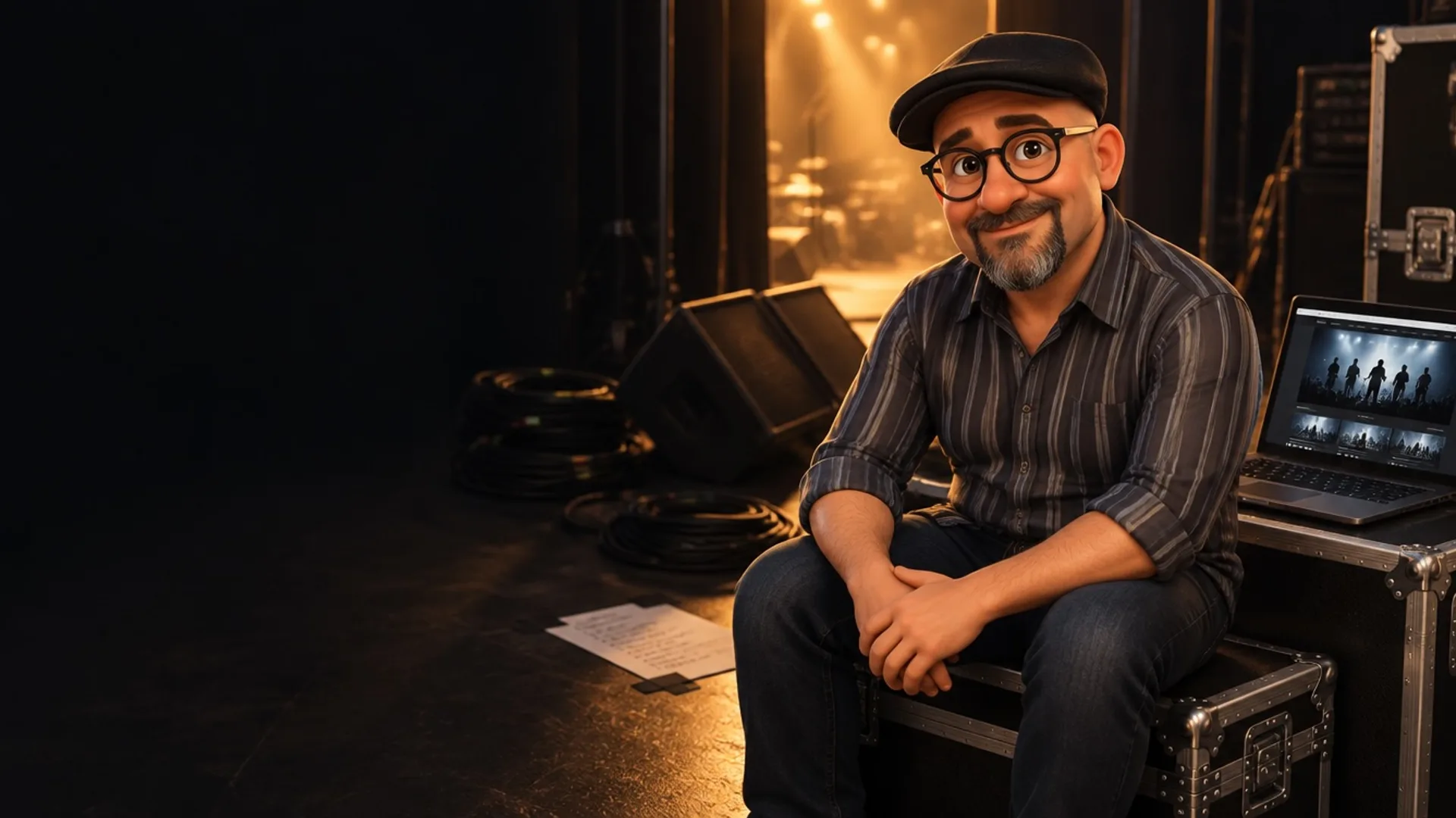 Caricature of Jon Wolf sitting on a road case in the wings of a stage, a laptop open beside him showing a band website.