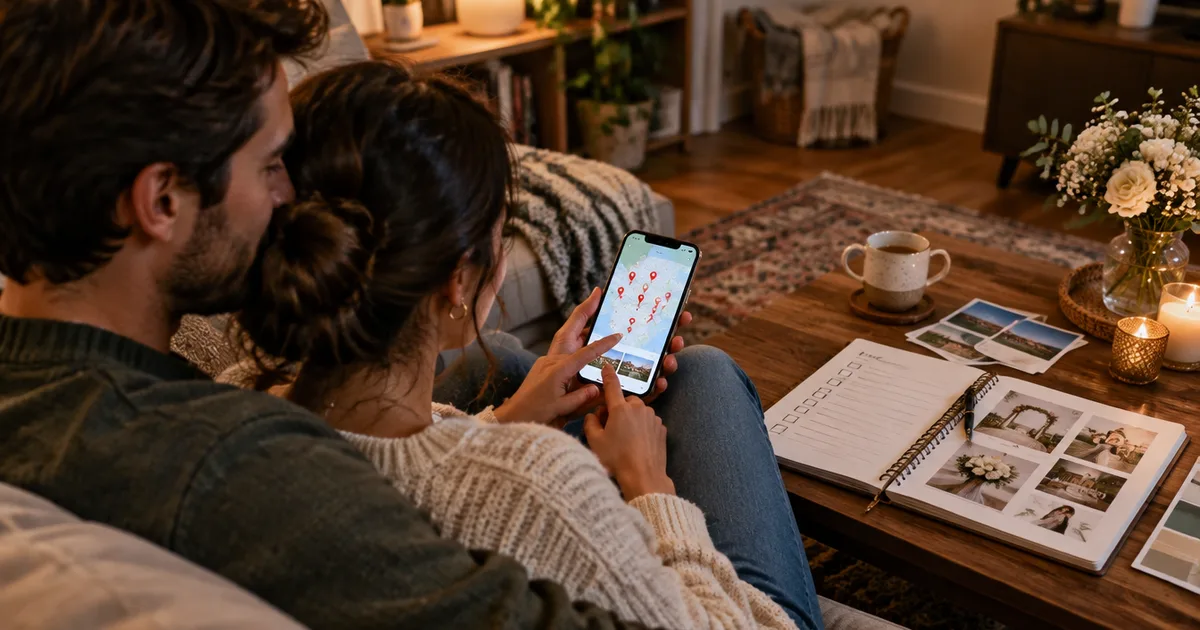 A couple on a sofa searching a map of local live music on a phone, a wedding planning notebook open on the table