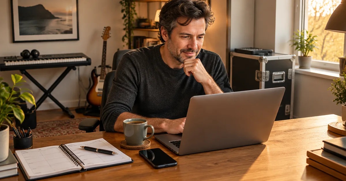 A working musician at a home desk with a laptop and a planner, a keyboard and road case behind him