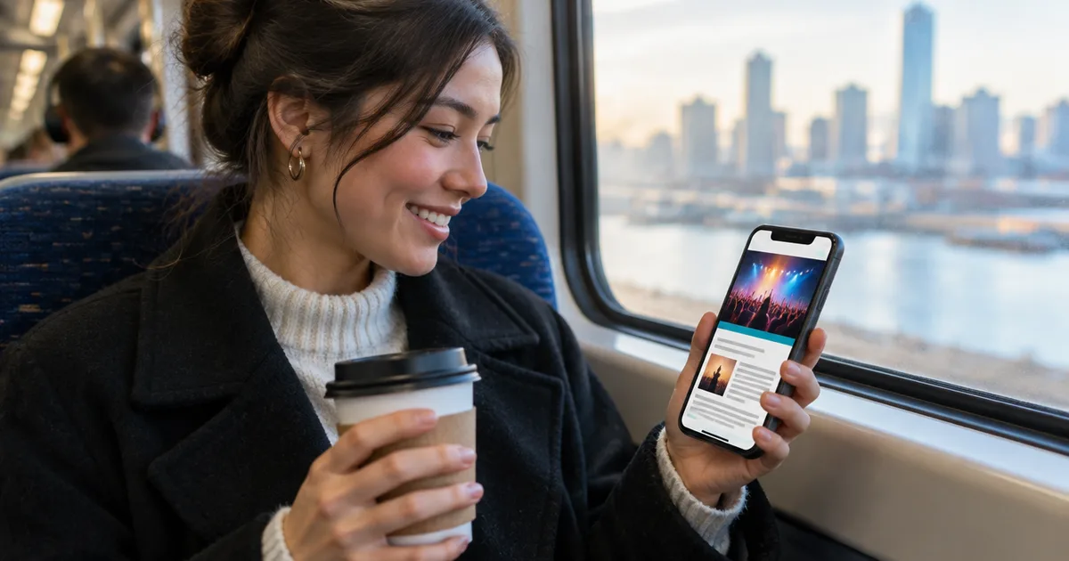 A commuter on a train reading a band newsletter on her phone with a coffee in her hand