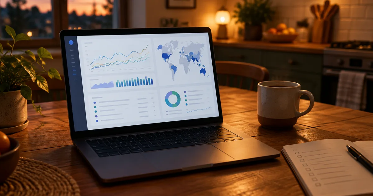 A laptop on a kitchen table showing a website report with traffic charts and a map, next to a mug and a notebook