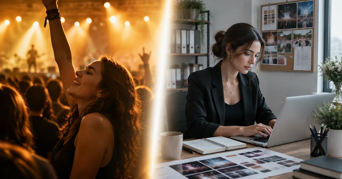 A split frame: a fan with her arm up at a show on one side, an event planner working at a laptop on the other