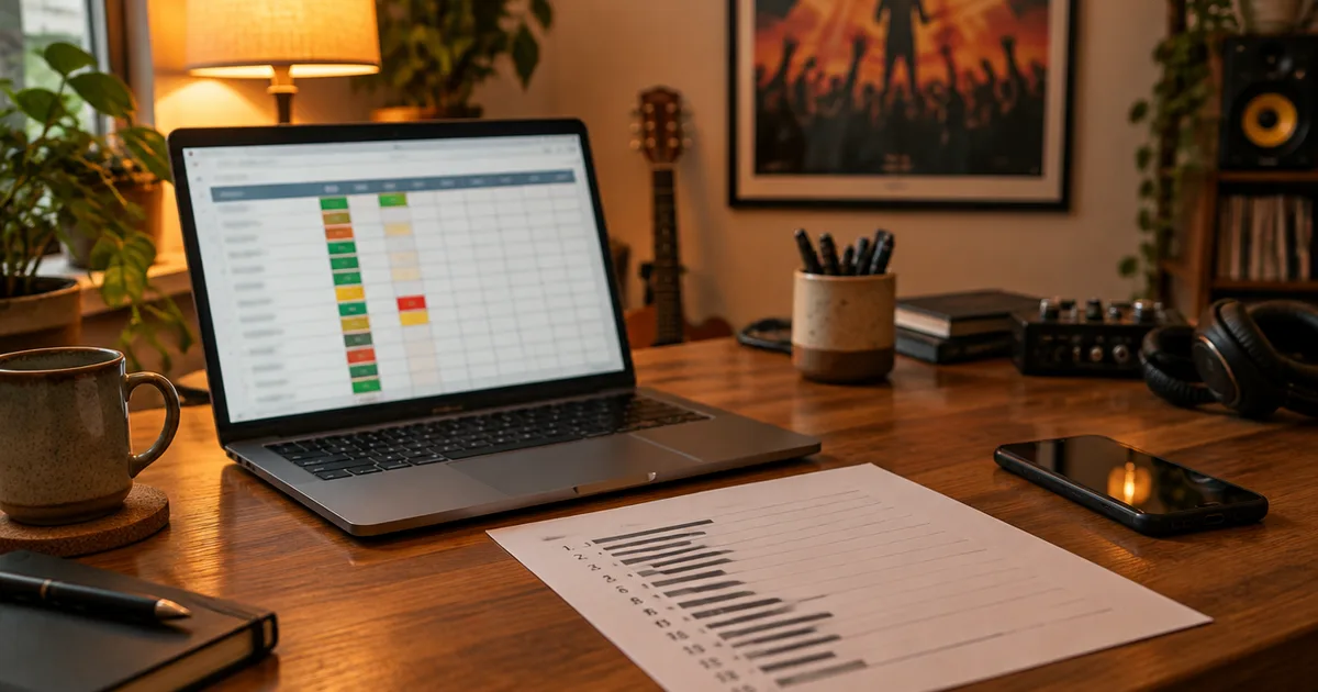 A booking pipeline spreadsheet open on a laptop at a home desk, a printed gig list beside it