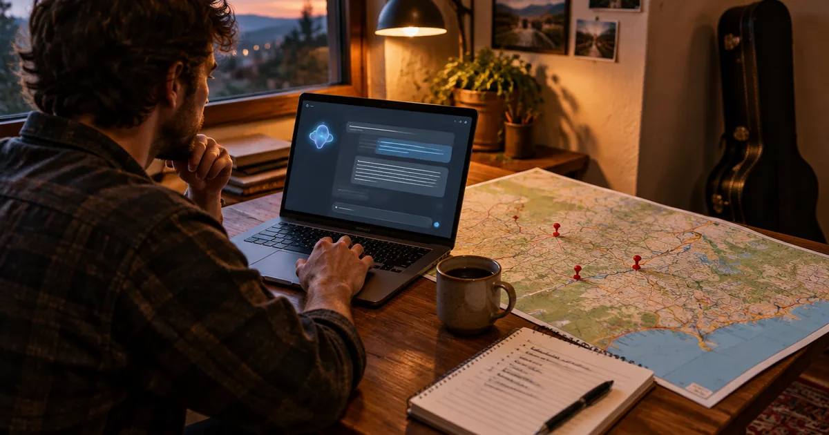 A musician running venue research in an AI chat window at a desk, a road map with pinned towns beside the laptop