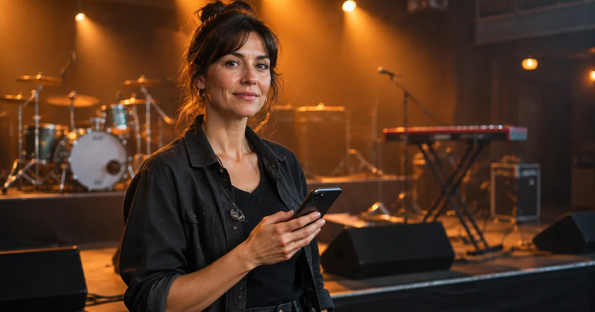 A working musician standing on an empty stage holding a phone, drums and keyboards set up behind her