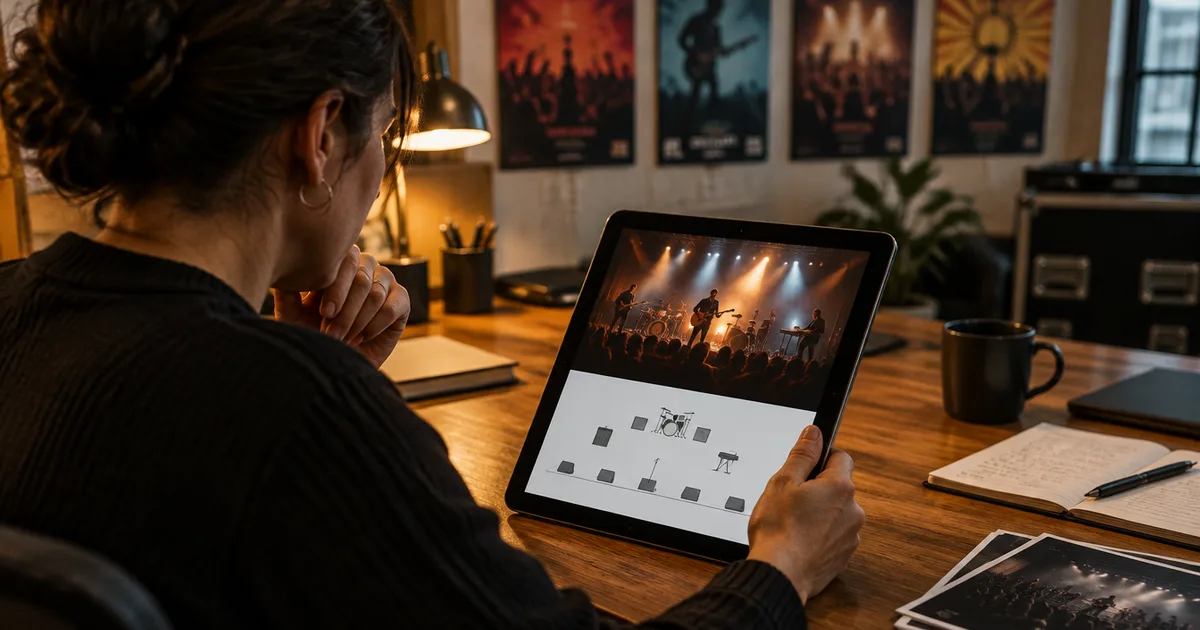 A band manager reviewing an EPK on a tablet: a live photo above a stage plot, with gig posters on the wall behind