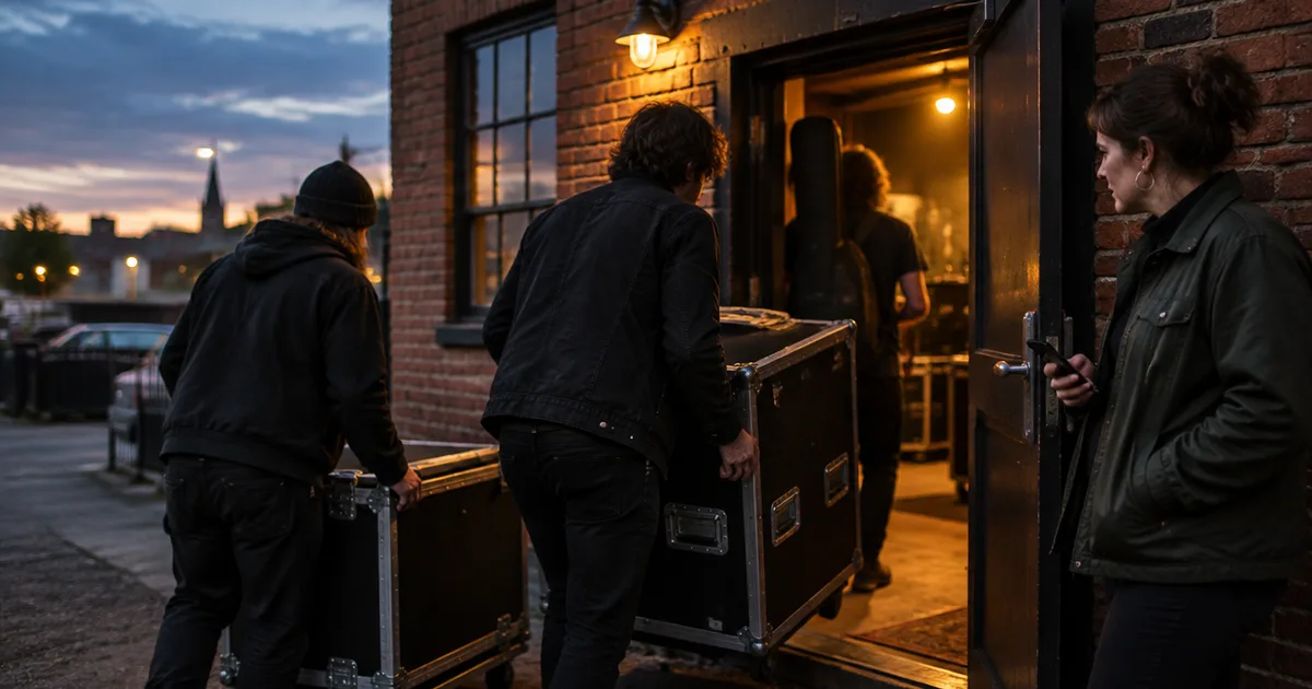 A band loading road cases through the side door of a club at dusk