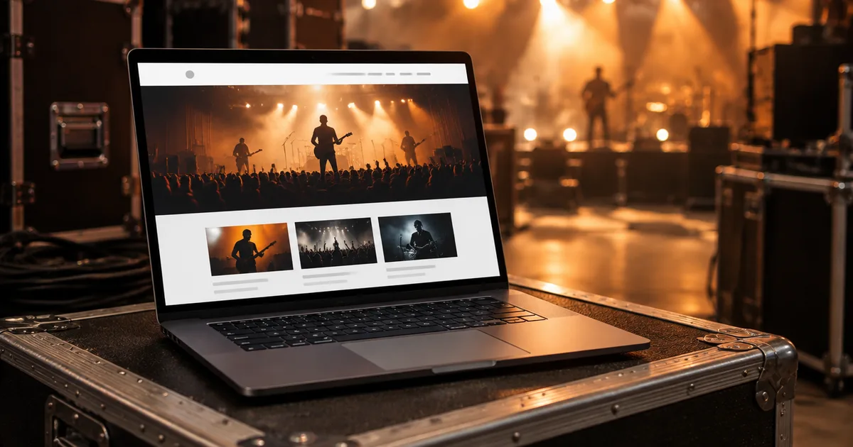 A laptop open on a road case backstage showing a band website, the stage lit behind it