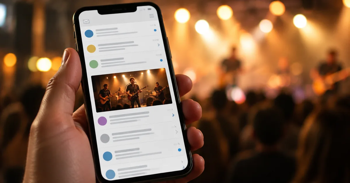 A hand holding a phone open on an email inbox with a band's newsletter, the lit stage blurred behind