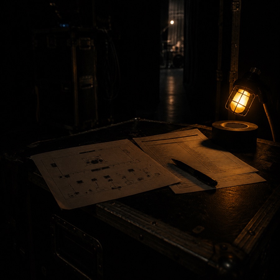 A press kit laid out on a road case under a work lamp