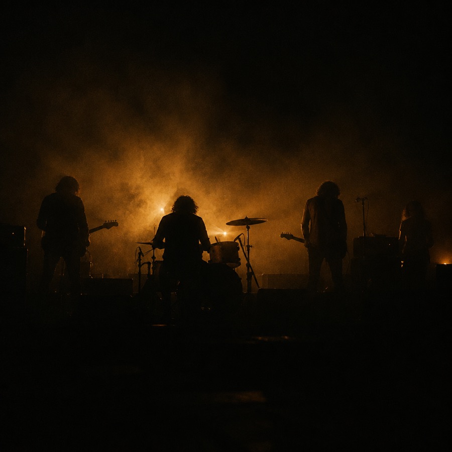 A lit stage viewed from the wings, instruments set and waiting