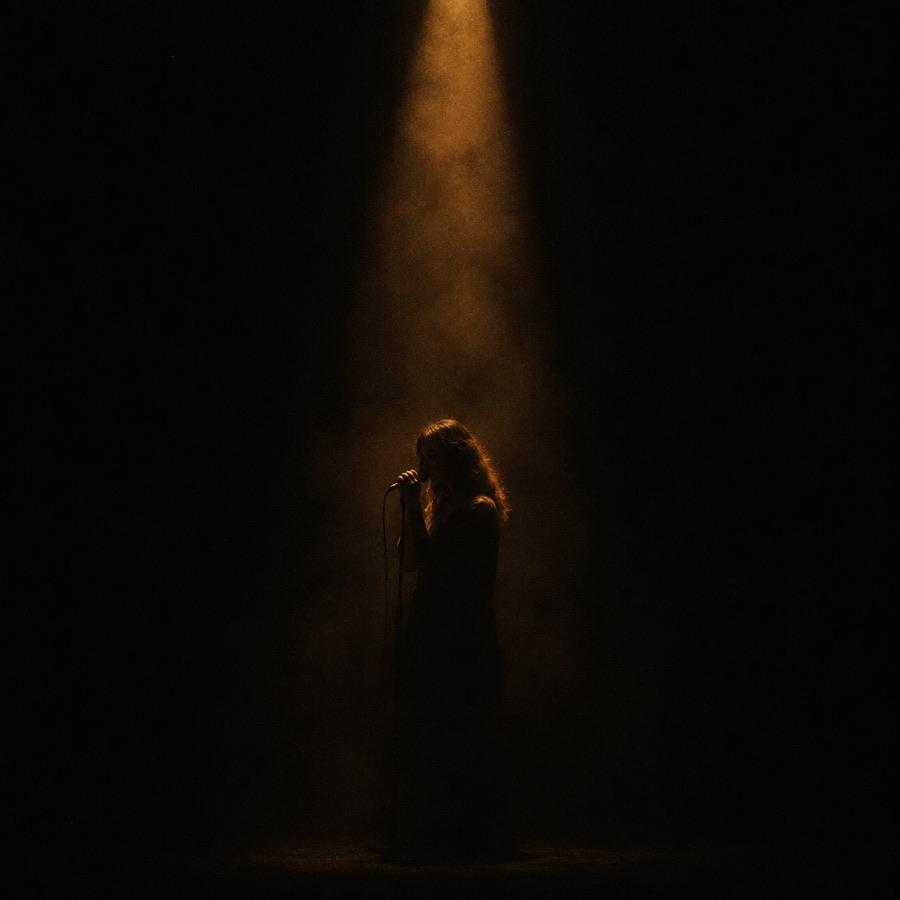 A solo vocalist alone in a spotlight