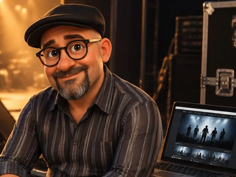Jon Wolf backstage on a road case with a laptop open on a band website