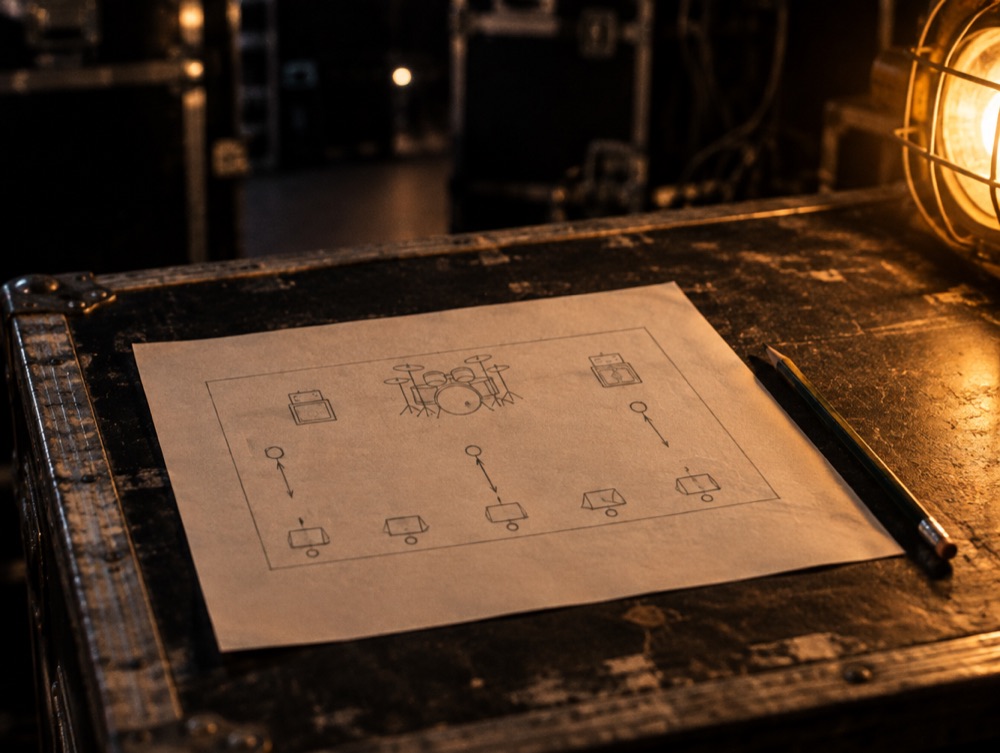 A pencil stage plot on paper showing the drum kit, amplifiers, wedge monitors and mic positions