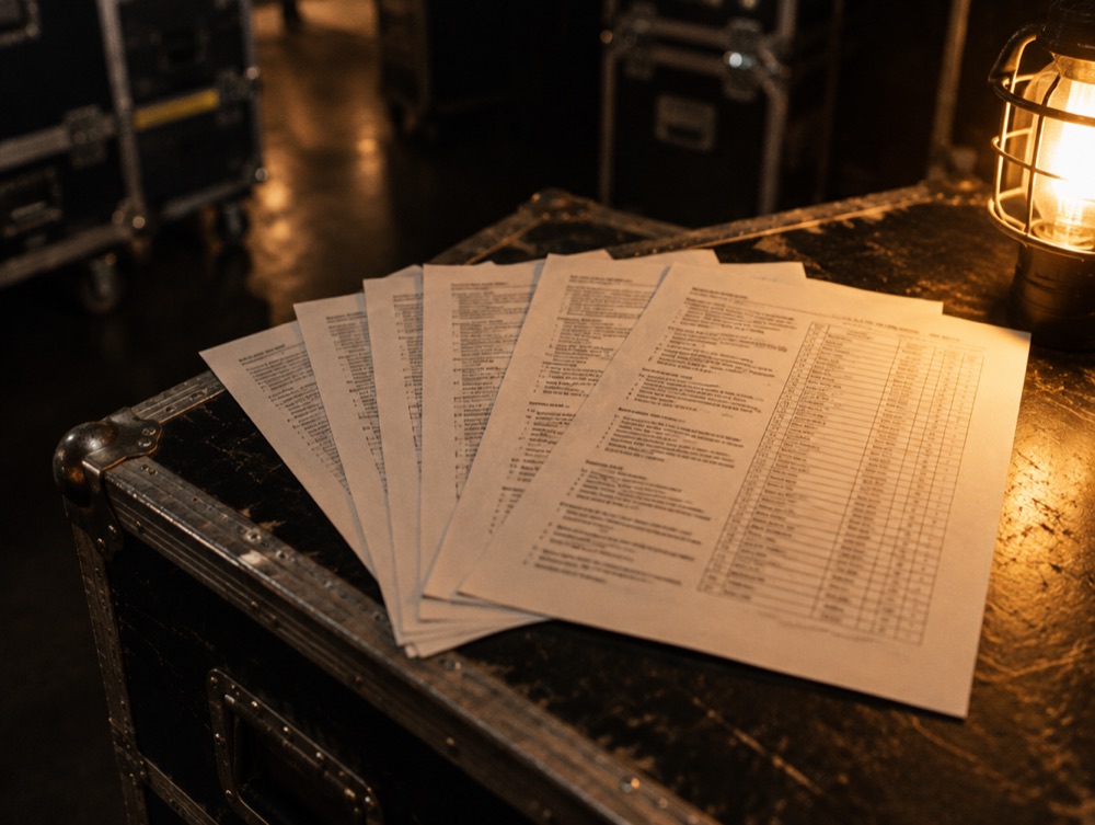 A multi-page printed technical rider fanned out on a road case under a work lamp
