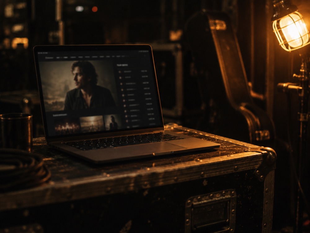 A musician's personal site open on a laptop resting on a road case backstage
