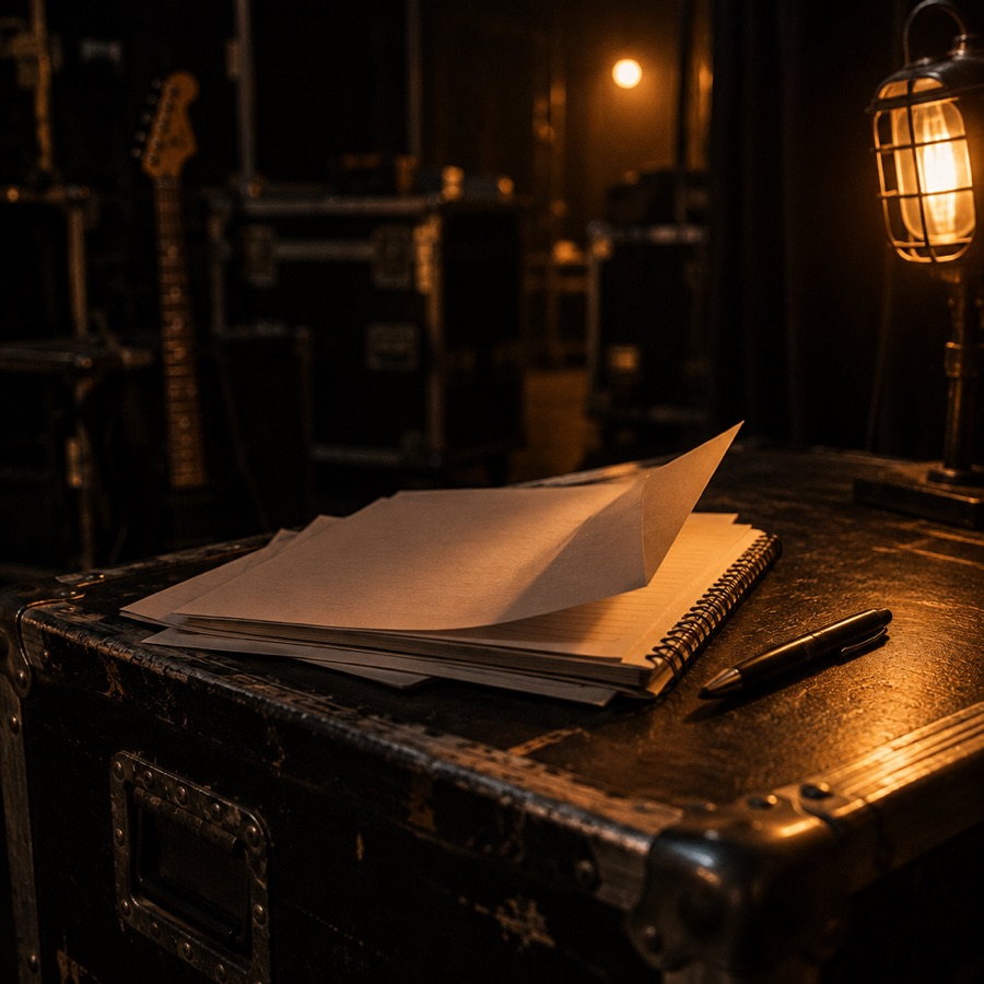 A stack of printed pages and a notebook on a road case under a work lamp