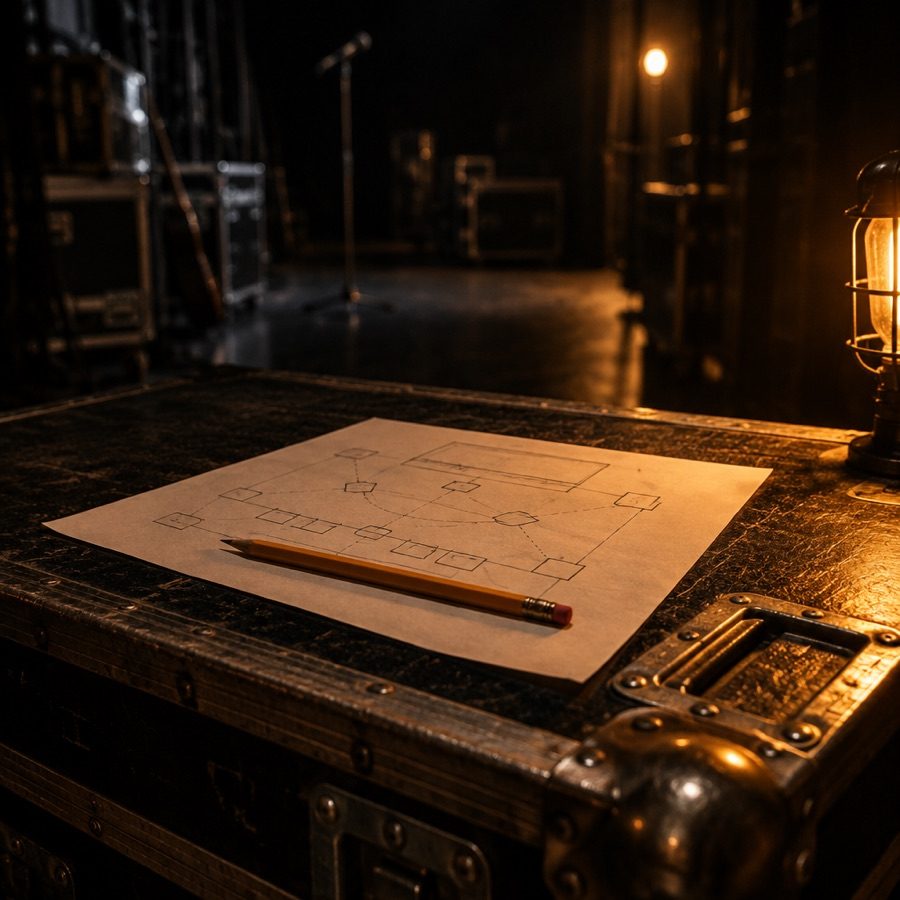 A hand-drawn stage diagram on a road case lid with a pencil across it