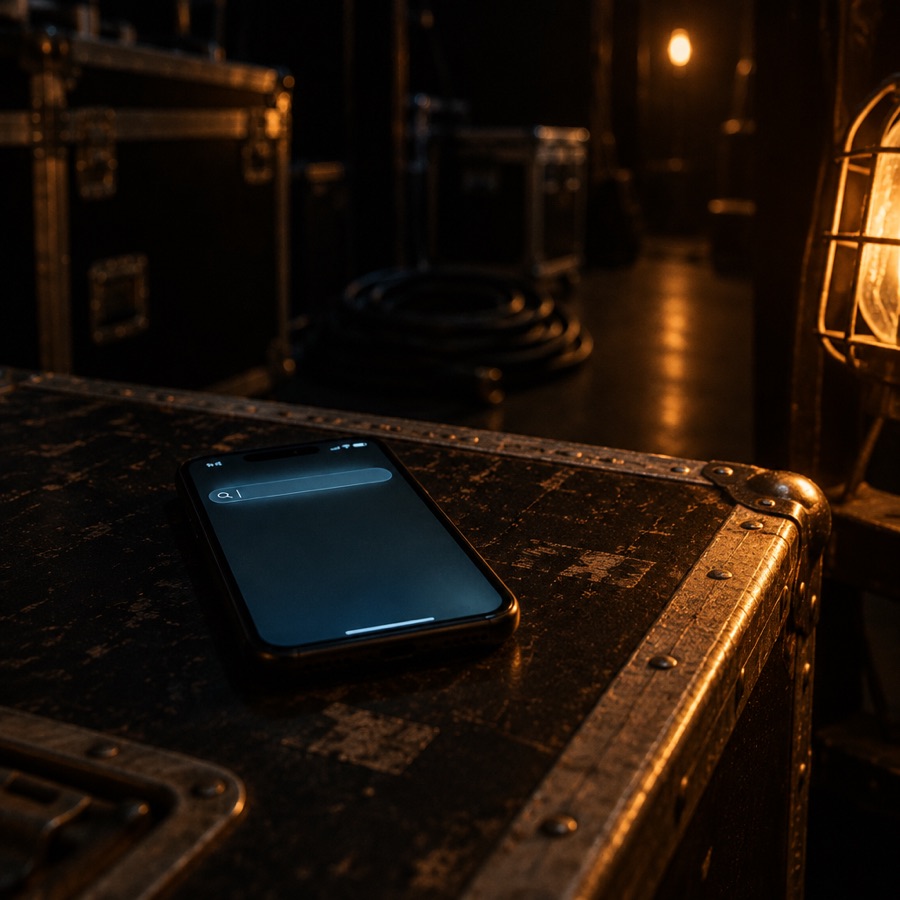 A phone face up on a road case, an empty search field glowing on its screen
