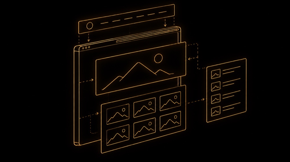 Line illustration of a browser frame with its header, hero, gallery and date list drawn together in layers