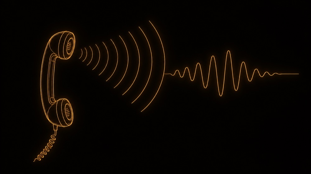 Line illustration of a telephone handset with sound waves resolving into a waveform