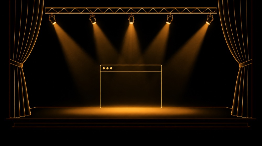 Line illustration of a stage with curtains drawn back and a lighting truss aimed at a browser window centre stage