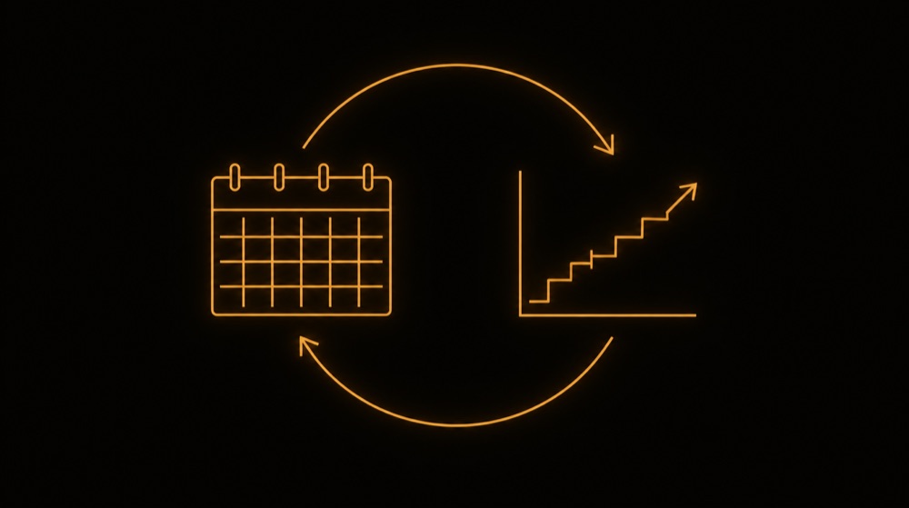 Line illustration of a calendar and a rising graph joined by a looping arrow