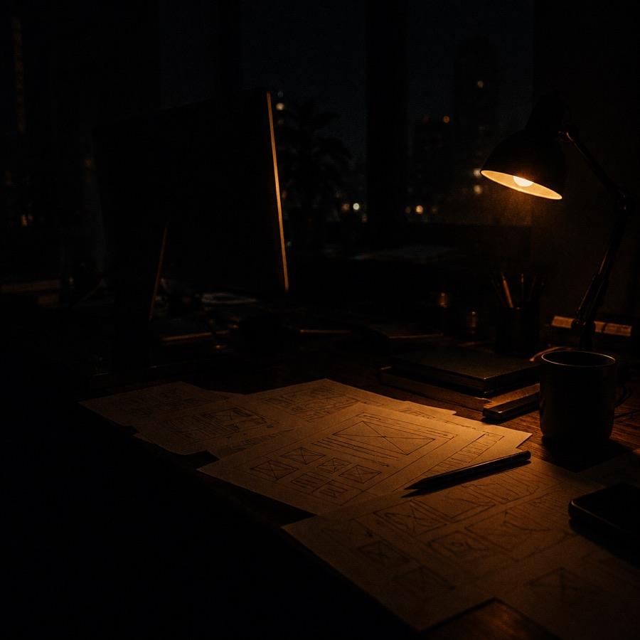 Wireframe sketches spread across a desk