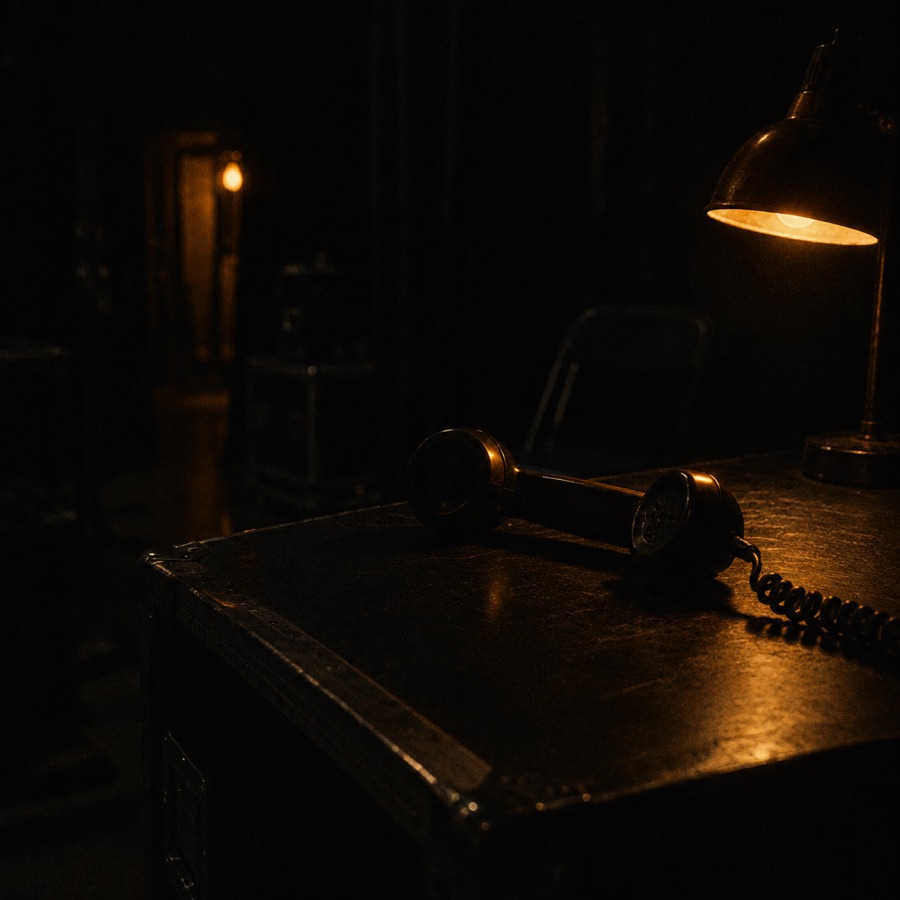 A telephone handset off the hook on a road case, lit by a work lamp