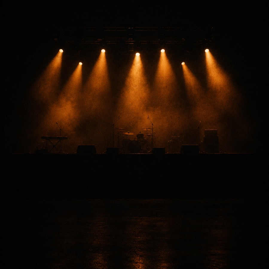 An empty stage washed in light just before doors