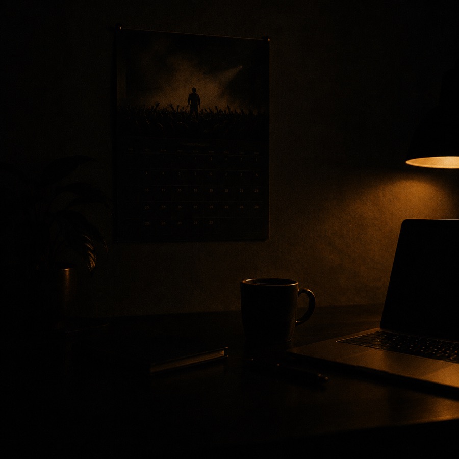 A tour calendar open on a desk beside a laptop