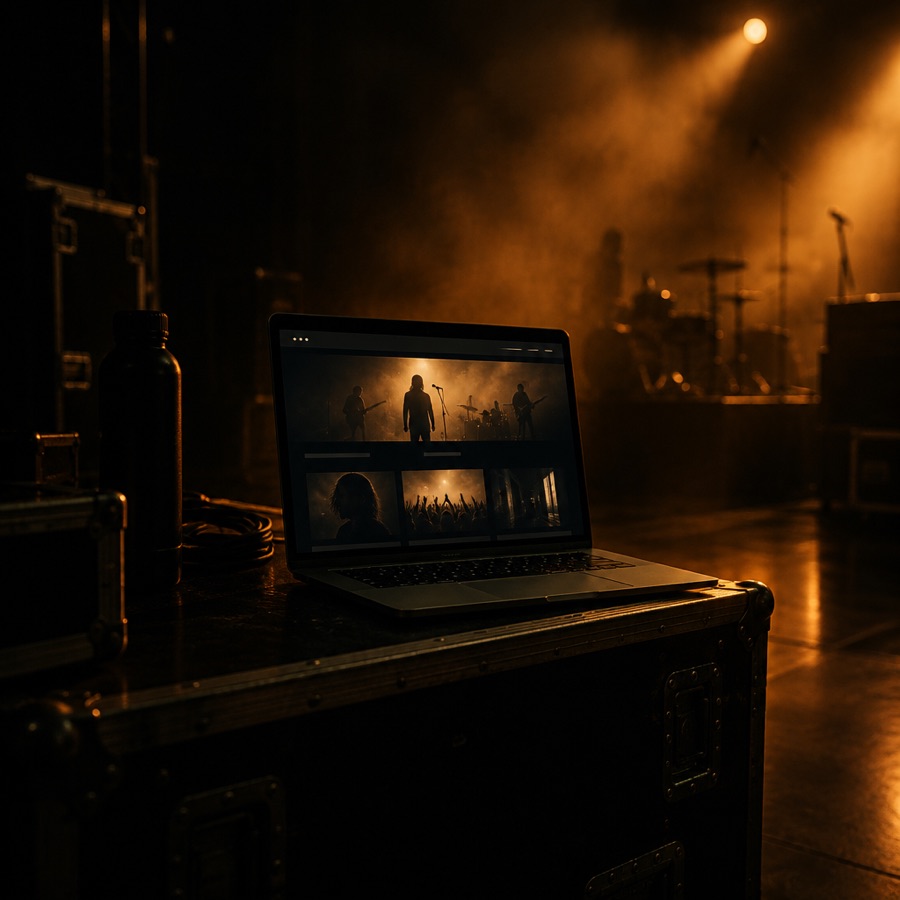 A custom band website open on a laptop sitting on a road case backstage, lit by amber stage light
